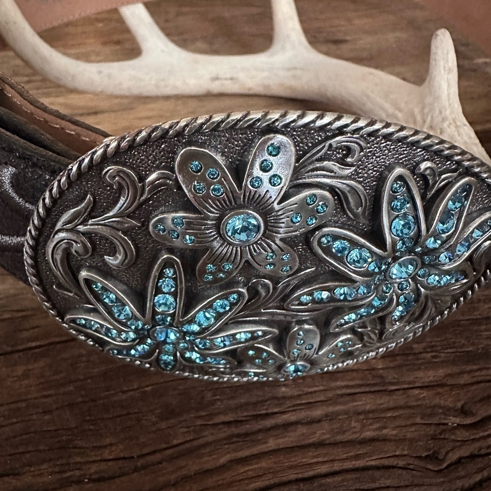 Justin Boots Vintage Brown/Blue Western Leather Belt with Blue Crystal Buckle